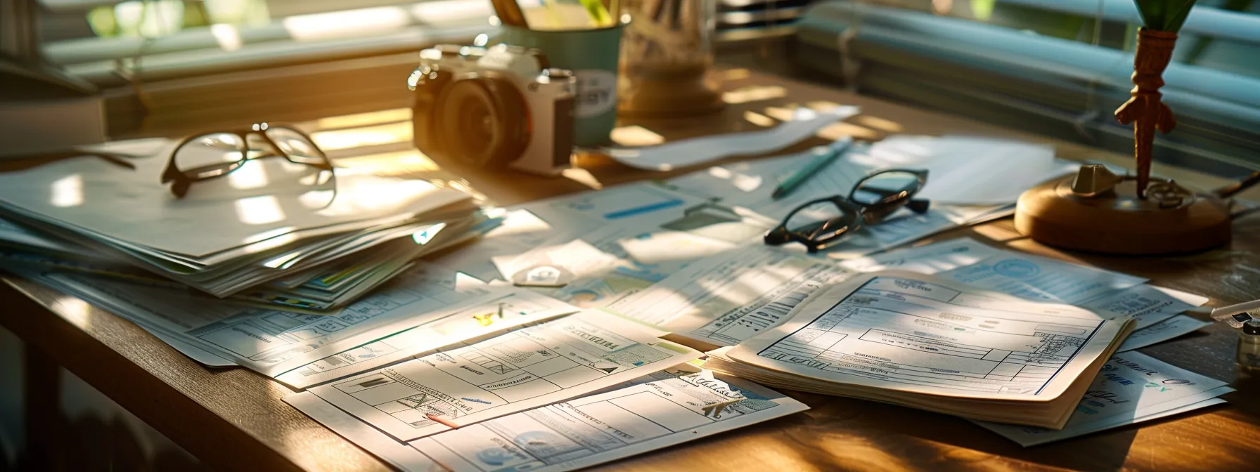 a focused, high-contrast image of a well-organized desk featuring various personal and business cheques, illuminated by soft, natural light, emphasizing the importance of cheque security education and vigilance against financial fraud.