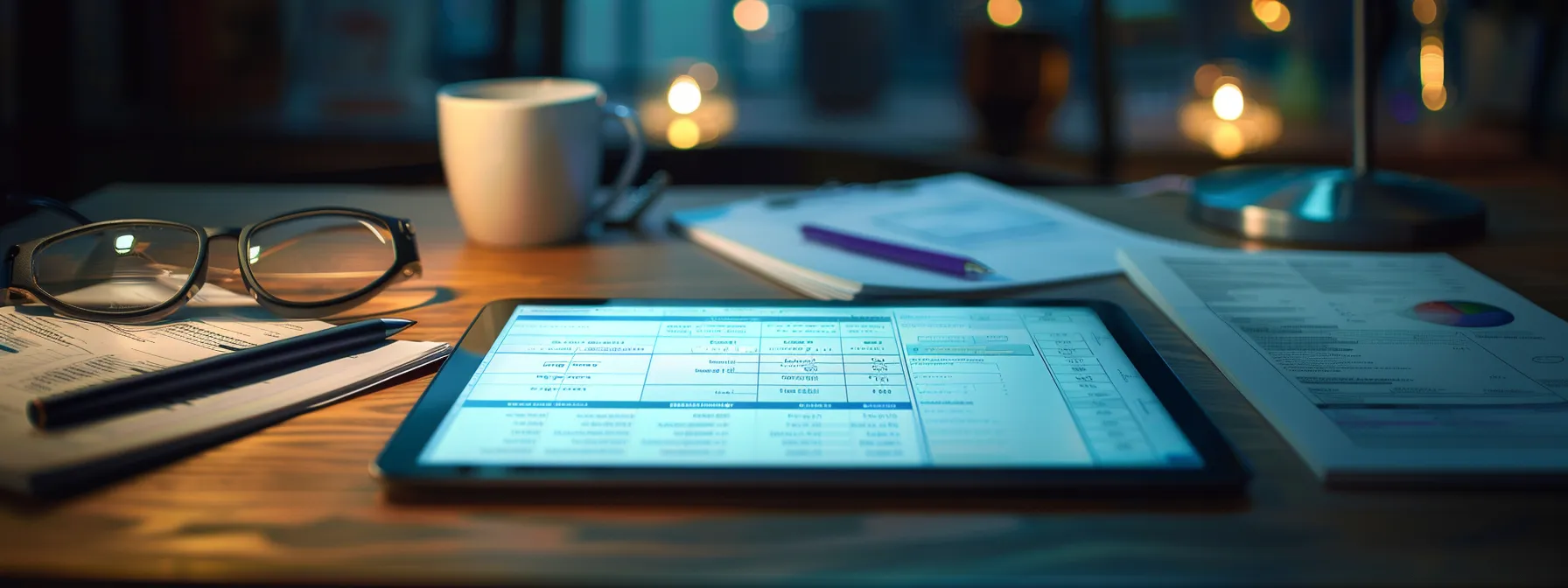 a focused, illuminated shot of a digital tablet displaying secure cheque ordering software, surrounded by professional documents, symbolizing vigilance against fraud in financial transactions.