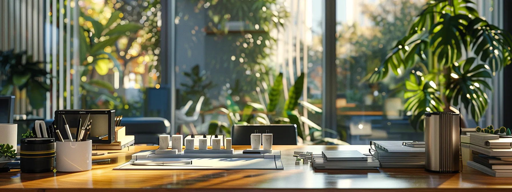 a focused scene captures a sleek, modern workspace with an elegant set of product samples displayed on a polished wooden table, emphasizing the meticulous evaluation process with natural light streaming in through a large window.