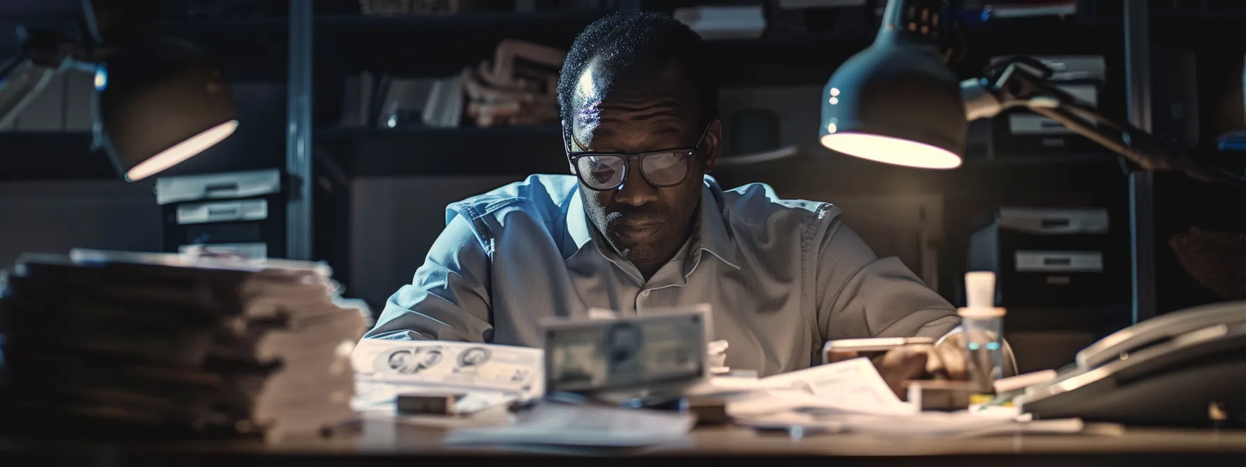 a focused shot captures a concerned business professional sitting at a desk, surrounded by scattered cheques and a computer, as they report a fraudulent cheque to local authorities, emphasizing the urgency and importance of fraud prevention.