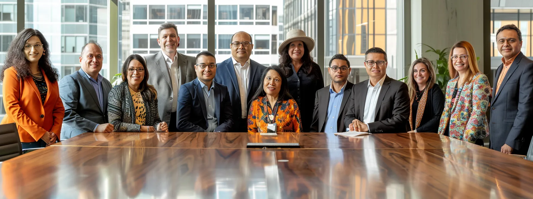 a focused shot of a diverse group of professionals gathered around a polished conference table, engaged in a dynamic discussion about cheque management strategies under soft, warm lighting.