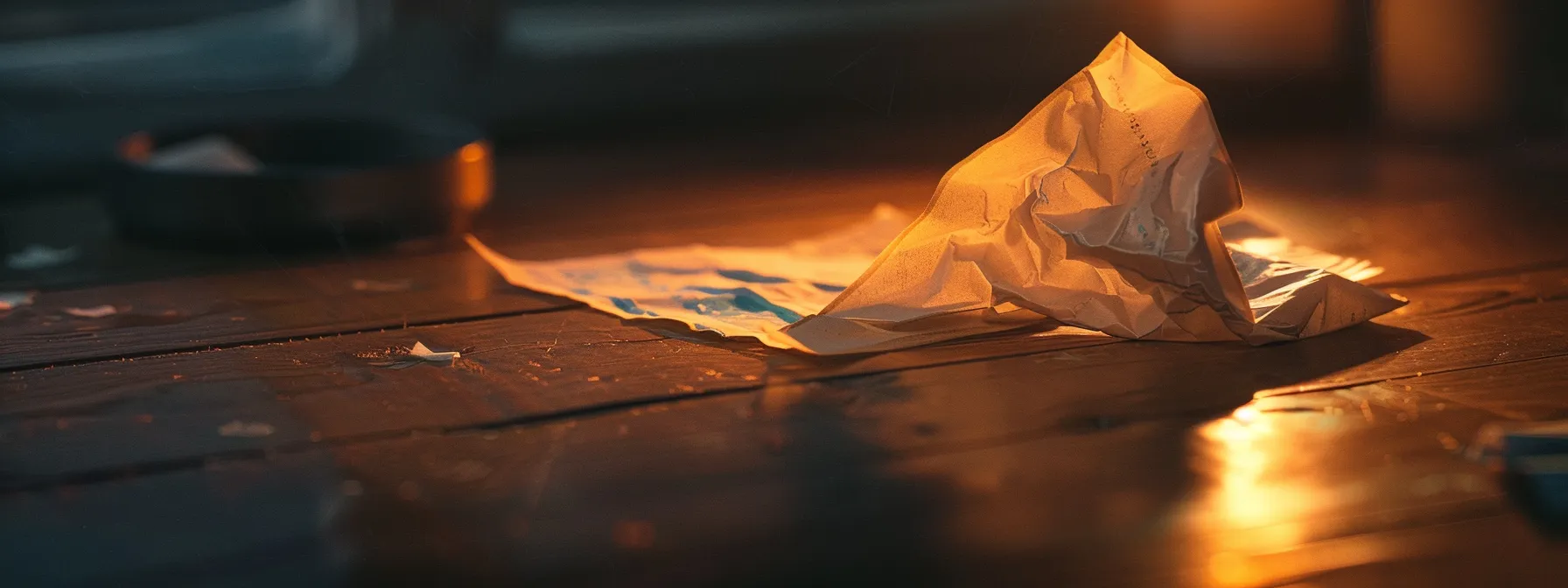 a foreboding yet compelling close-up of a crumpled cheque cast dramatically on a polished wooden desk, with a faint light illuminating the surrounding area to convey the seriousness of cheque theft and the importance of protective resources.