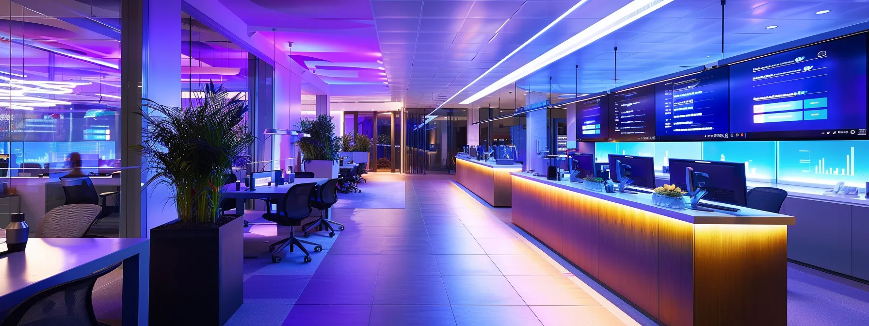 a futuristic office environment glows with digital screens displaying rapid cheque processing, symbolizing the seamless integration of technology and finance in corporate payments.