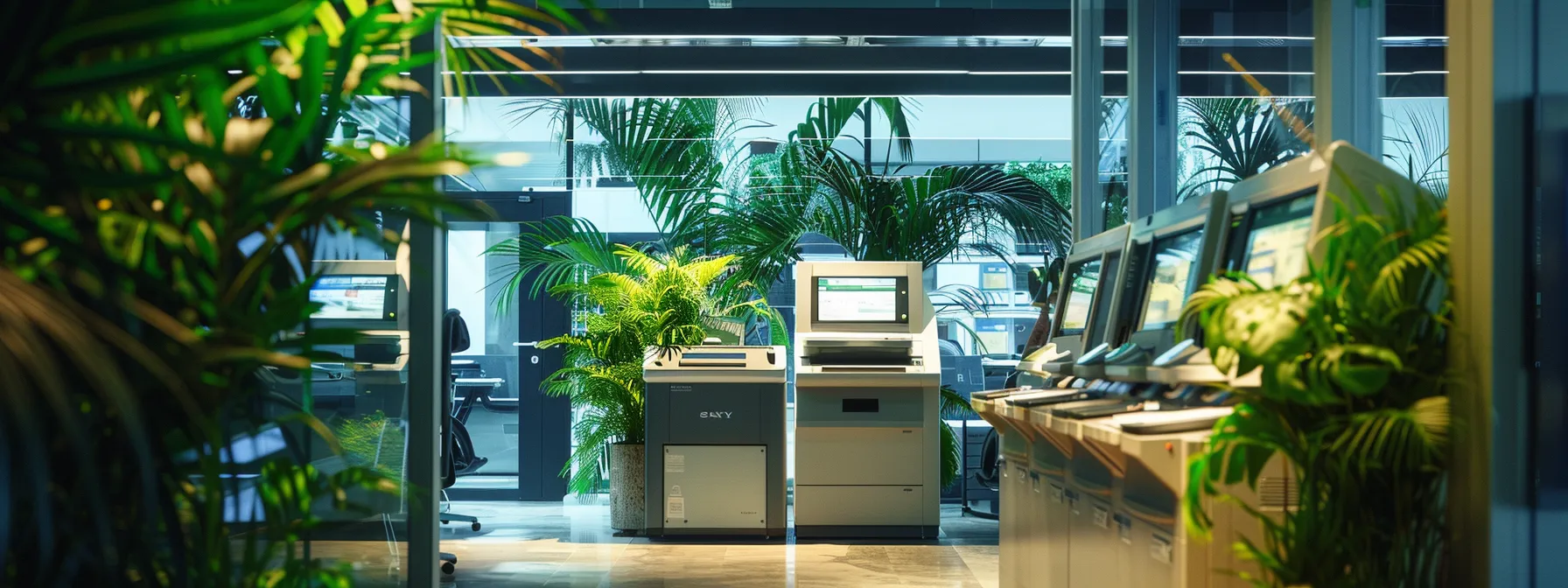a futuristic office environment showcases sleek, digital cheque printing machines surrounded by vibrant green plants, emphasizing innovation and sustainability in financial transactions under soft, ambient lighting.