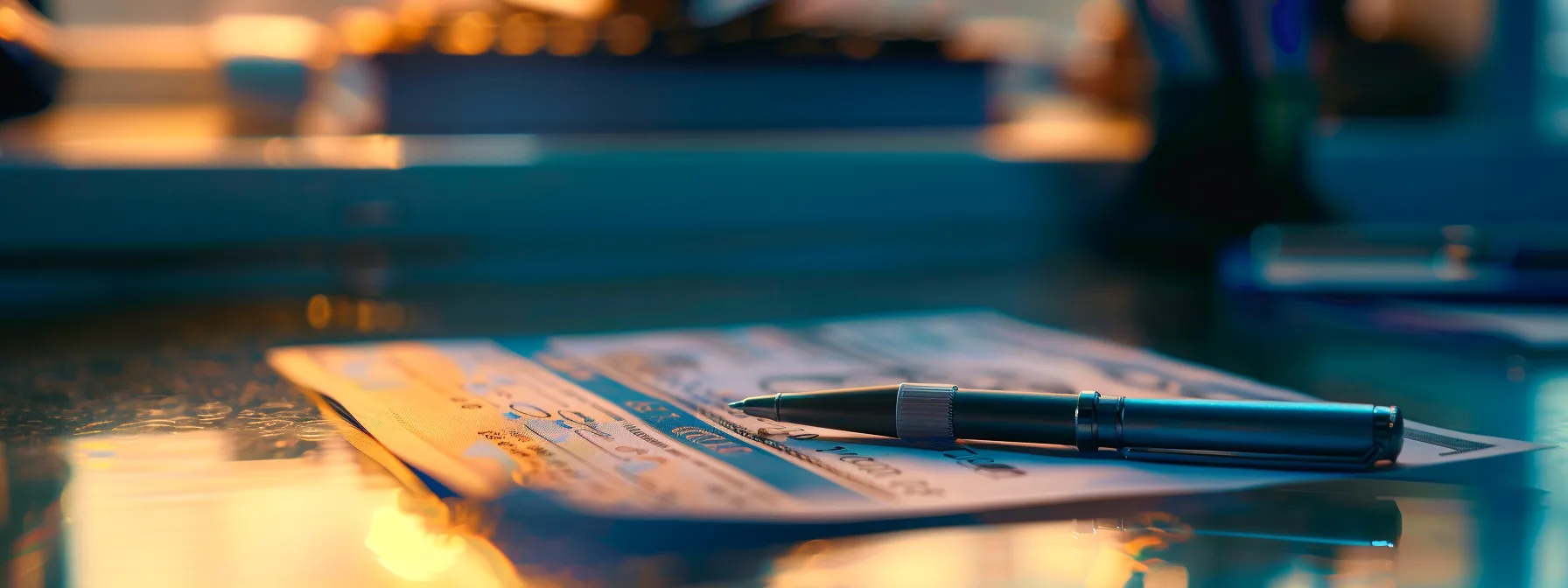 a meticulously arranged business setting features a close-up of a neatly filled cheque, accentuated by soft ambient lighting that highlights the bold, accurate amount, symbolizing the importance of precision in financial transactions.