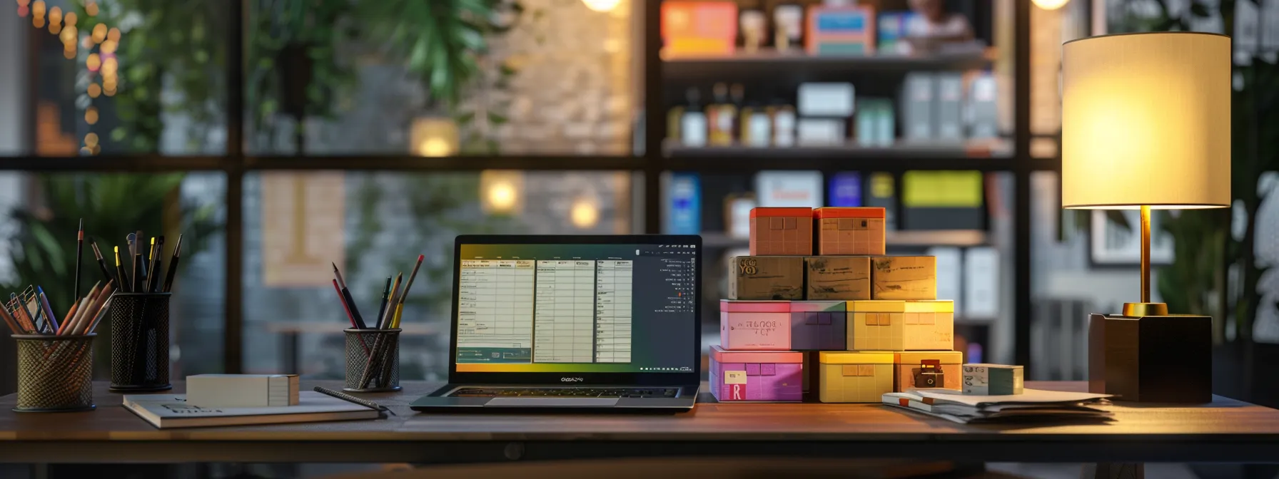 a meticulously organized desk scene features a stack of colorful business and personal cheques beside a laptop displaying a vibrant shipping tracking interface, illuminated by soft, natural light to emphasize the theme of efficient financial operations.