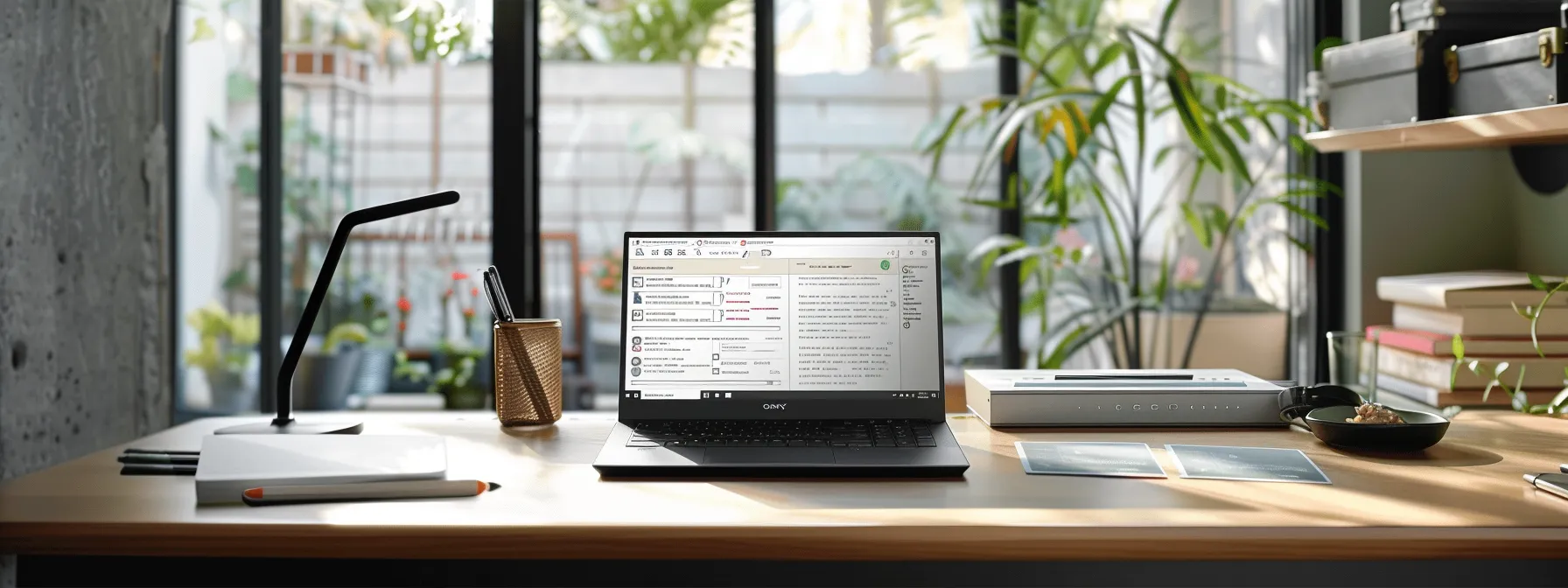 a meticulously organized workspace features a sleek laptop displaying a user-friendly online cheque ordering platform, surrounded by business cheques and essential stationery, illuminated by soft natural light streaming through a nearby window.