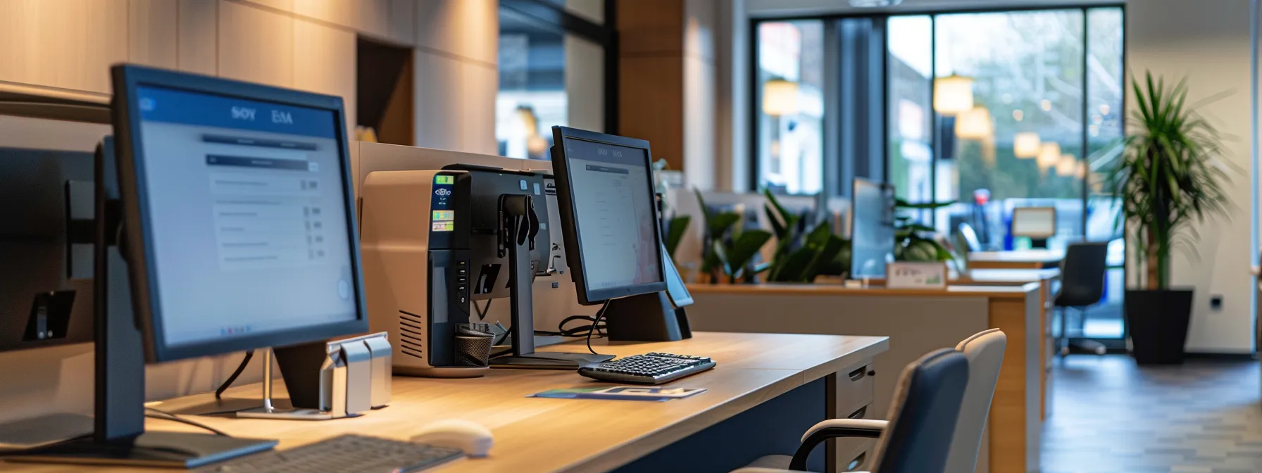 a modern, sleek office workspace showcases advanced cheque scanning technology, highlighting digital platforms and software that enhance security and efficiency in cheque processing with a clean, professional atmosphere.
