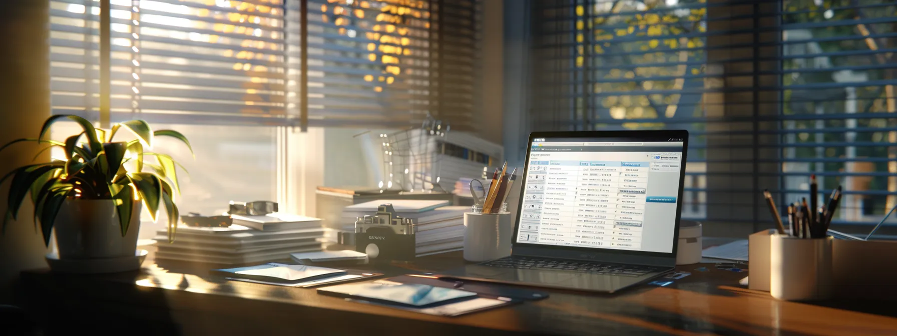 a modern workspace featuring a sleek laptop displaying an online cheque tracking interface, surrounded by neatly organized business and personal cheques, illuminated by soft natural light streaming through a nearby window.