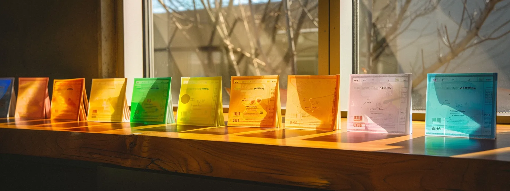 a neatly arranged display of various types of order cheques, including business and personal cheques, set on a sleek wooden desk, illuminated by soft natural light to emphasize their distinct designs and colors, symbolizing the careful considerations in financial transactions.