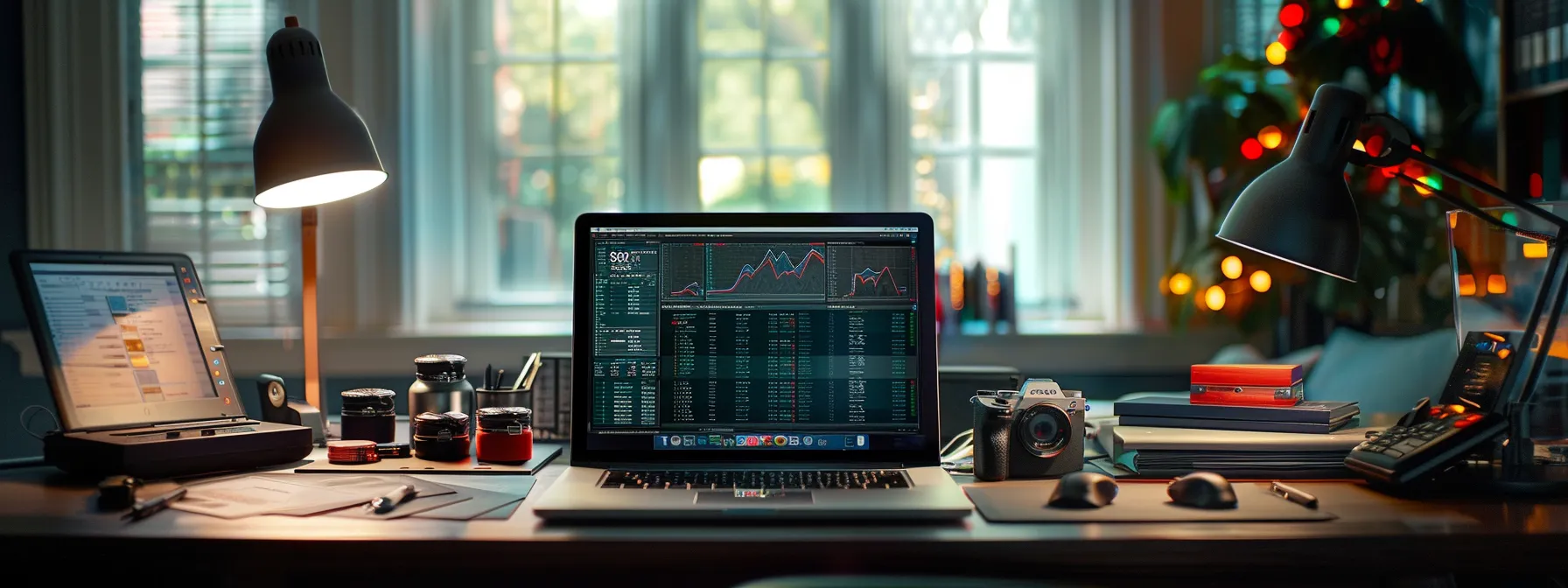 a neatly organized workspace showcases a professional setup with a sleek laptop open to a digital tracking system, surrounded by neatly stacked business and personal cheques, illuminated by soft, natural light filtering through a nearby window.