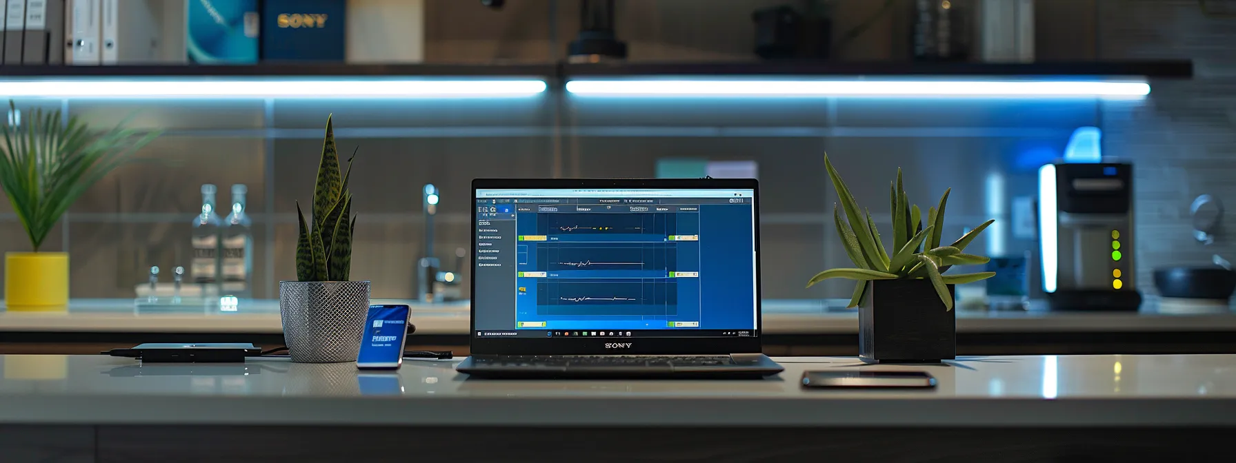 a polished, modern office desk features an elegantly arranged laptop displaying a cheque tracking interface, flanked by a smartphone showing real-time notifications, all bathed in soft, natural light that exudes efficiency and professionalism.