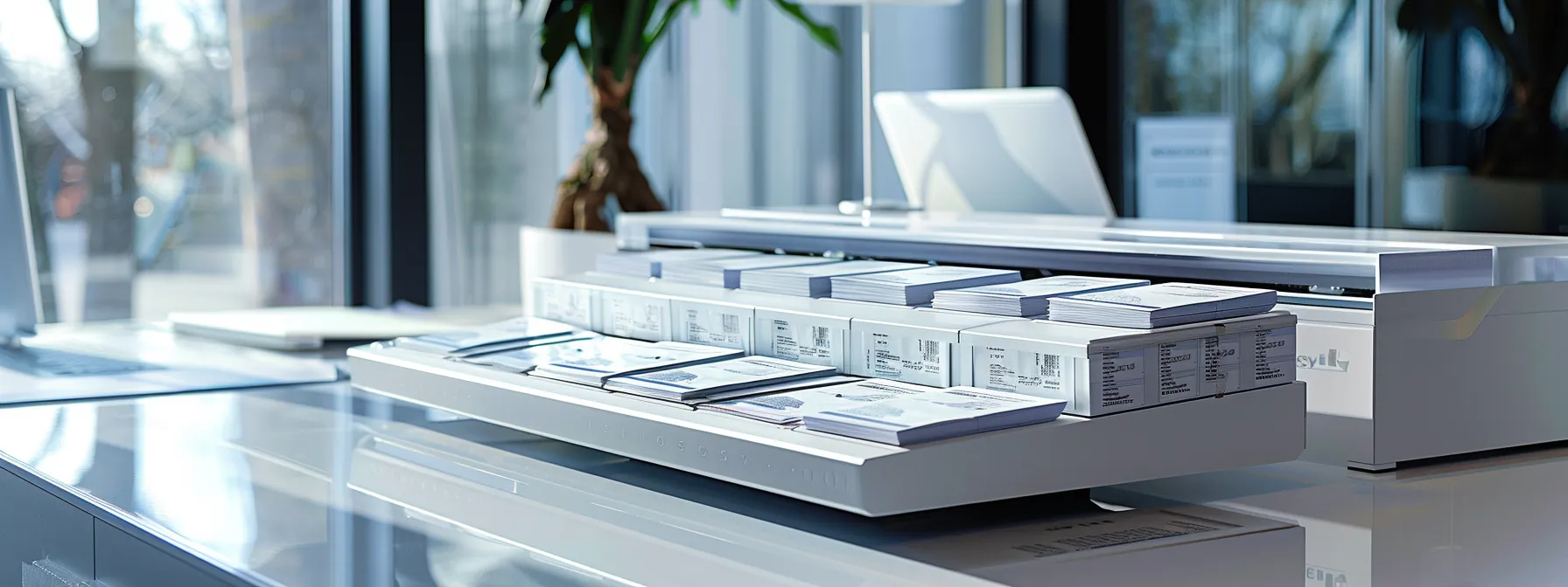 a polished office desk showcases a neatly organized array of business cheques alongside a sleek laptop, illuminated by soft natural light filtering through a nearby window, emphasizing the importance of efficient cheque printing services.