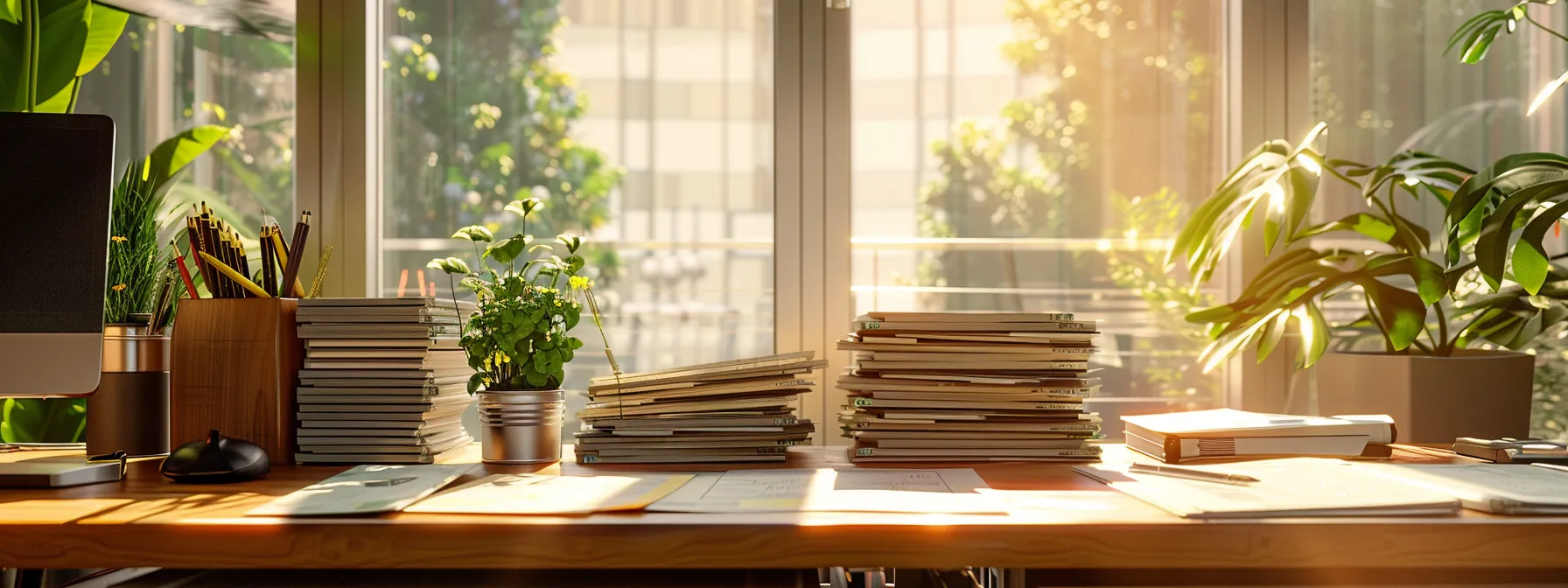 a pristine, well-organized office workspace showcases a stack of various security-enhanced business cheques, illuminated by soft, natural light filtering through large windows, embodying the theme of robust cheque security measures and fraud prevention.