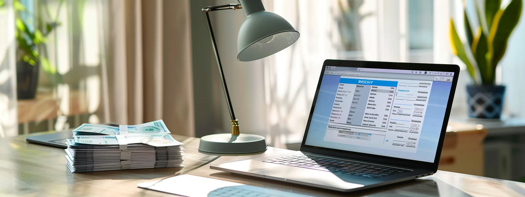 a professional, minimalistic workspace features a sleek laptop displaying online cheque options, alongside an organized stack of printed cheques, illuminated by soft, natural light streaming through a nearby window, emphasizing the contrast between traditional and digital payment solutions.
