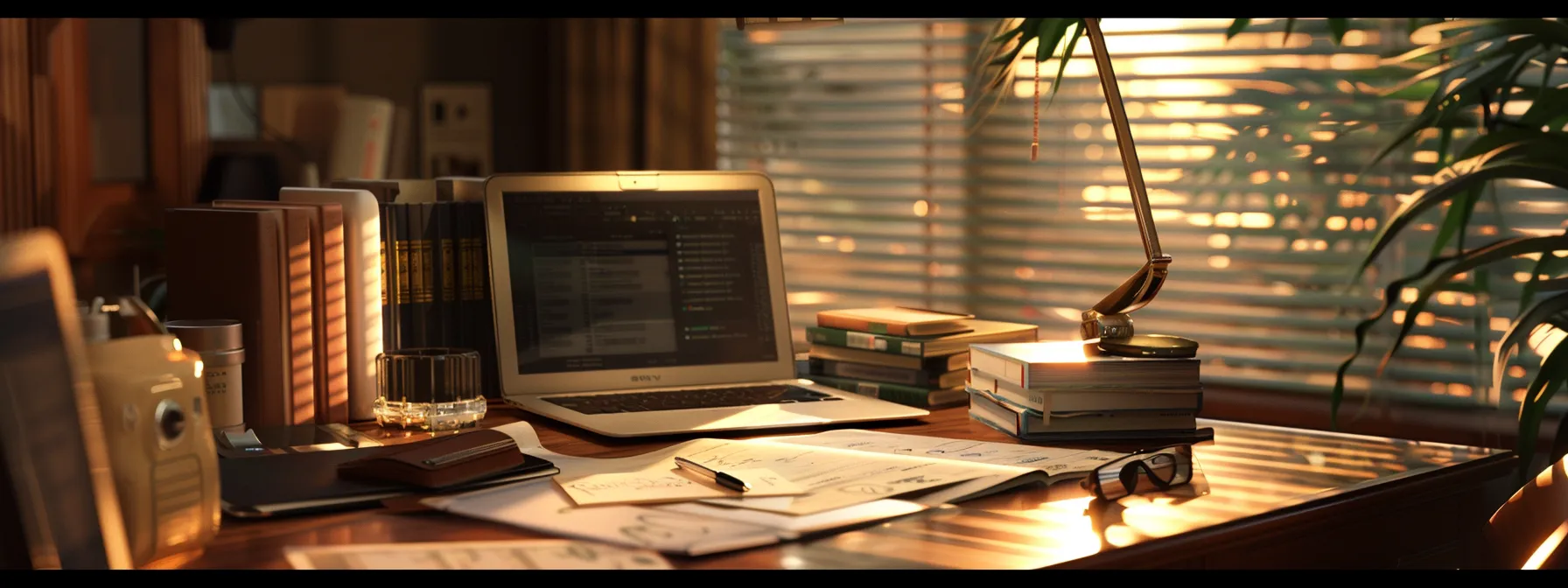 a professional office desk showcases a neatly organized follow-up message about cheque orders, with a sleek laptop, an open notepad filled with key details, and a soft, warm light casting an inviting glow over the scene.