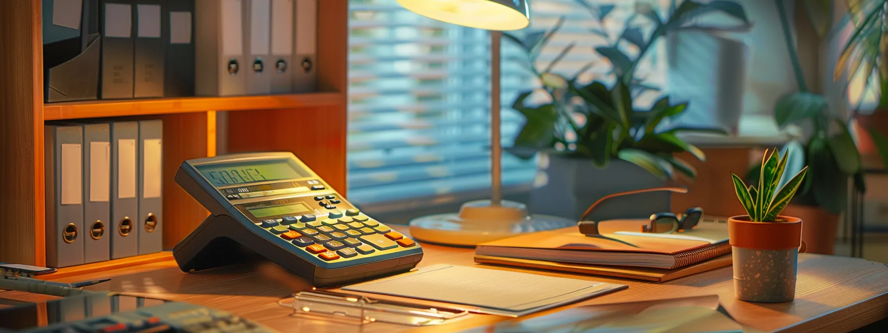a professional office setting vividly showcases a well-organized selection of secure, high-quality corporate cheque supplies displayed alongside a calculator and a notepad, emphasizing the importance of financial safety and effective cheque management under warm, focused lighting.