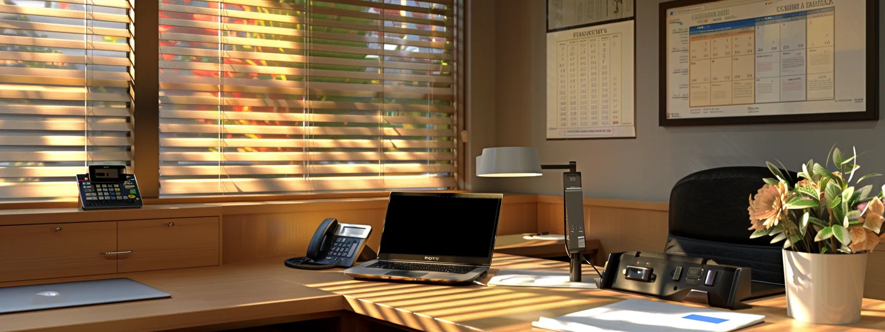 a professional office setting with a polished desk featuring a laptop open to an email draft, a phone beside it, and a calendar on the wall indicating optimal follow-up times, all bathed in soft natural light to convey an atmosphere of efficient communication regarding cheque orders.