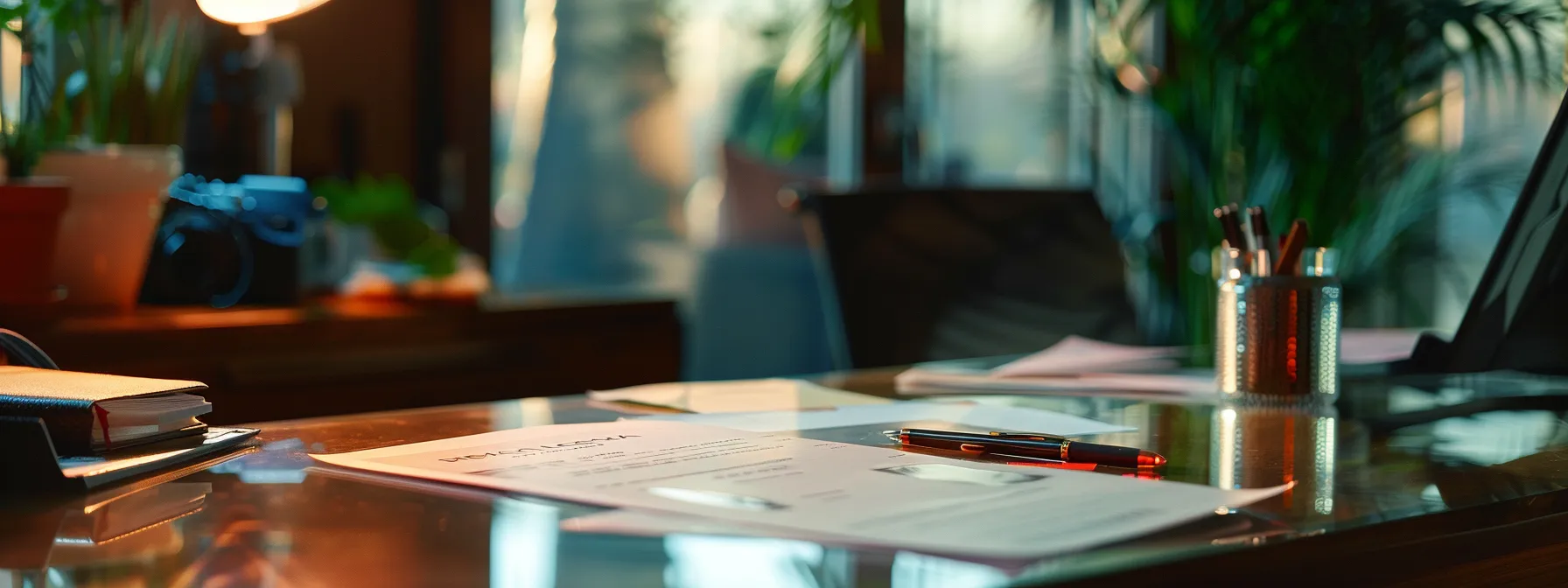 a professional office setting with a close-up of a third-party cheque on a polished desk, illuminated by soft, natural light, highlighting the critical documentation and verification process essential for secure financial transactions.