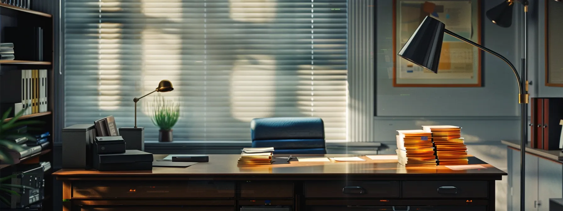 a professional office setup showcases a sleek, organized desk adorned with stacks of vibrant corporate cheques, illuminated by soft, natural light filtering through a nearby window, symbolizing efficiency and streamlined business operations.