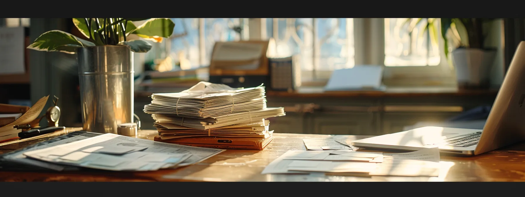a professional workspace features a stack of neatly arranged business and personal cheques alongside a laptop and financial documents, illuminated by soft natural light, conveying a sense of secure transaction management.