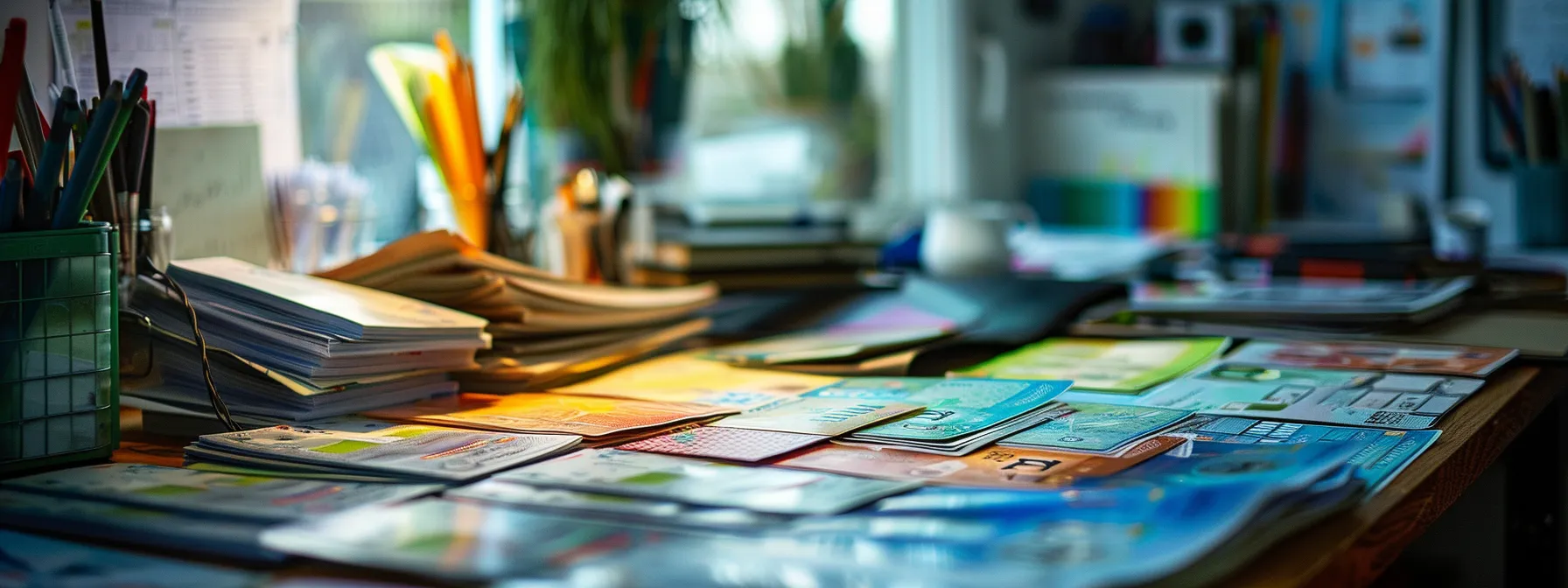 a professional workspace is illuminated by soft, natural light, featuring a neatly arranged assortment of vibrant business and personal cheques, each showcasing unique printing styles, inviting viewers to explore the impactful choices behind cheque order costs.