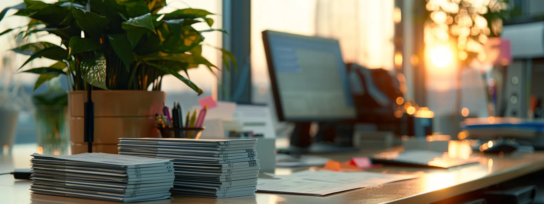 a professional workspace showcases vibrant, freshly printed cheques neatly stacked on a polished desk, illuminated by soft, natural light, emphasizing the efficiency and reliability of quick cheque printing services.