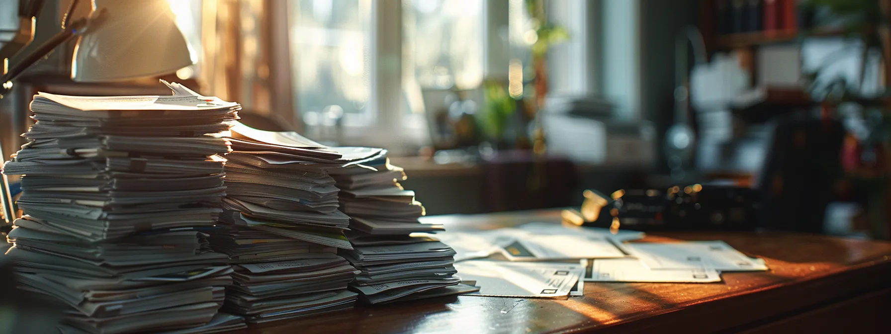 a professional workspace showcasing a neatly stacked array of bulk business cheques on a polished wooden desk, illuminated by soft, natural light filtering through a window, symbolizing financial efficiency and strategic purchasing.