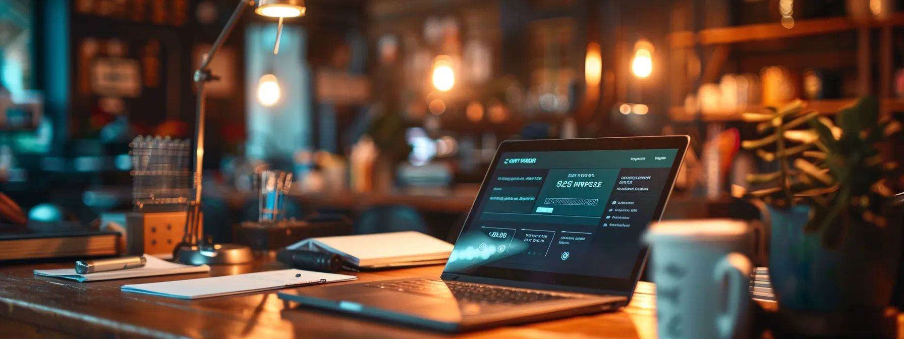 a secure online transaction unfolds, featuring a well-organized workspace with a sleek laptop displaying a vibrant digital interface for ordering personal cheques, surrounded by professional stationery and a dimly lit atmosphere that exudes trust and safety.