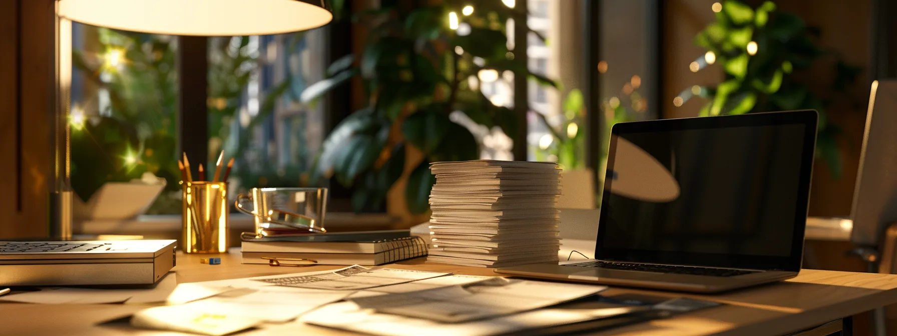 a sharp, focused image of a brightly lit office desk featuring a stack of secure cheques alongside a modern laptop, emphasizing the theme of financial security and meticulous business practices.
