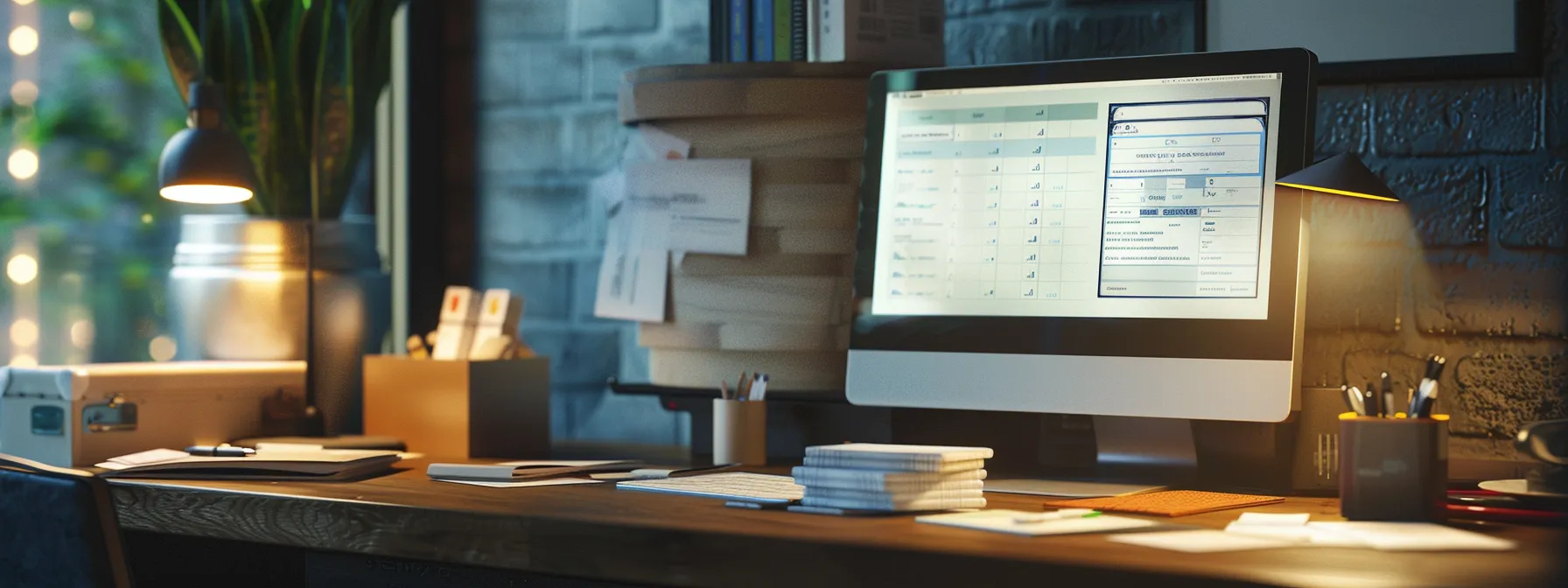 a sharply focused image of a neatly organized workspace featuring a sleek computer displaying an automated cheque ordering system, alongside a stack of pristine business and personal cheques, illuminated by soft, natural light.