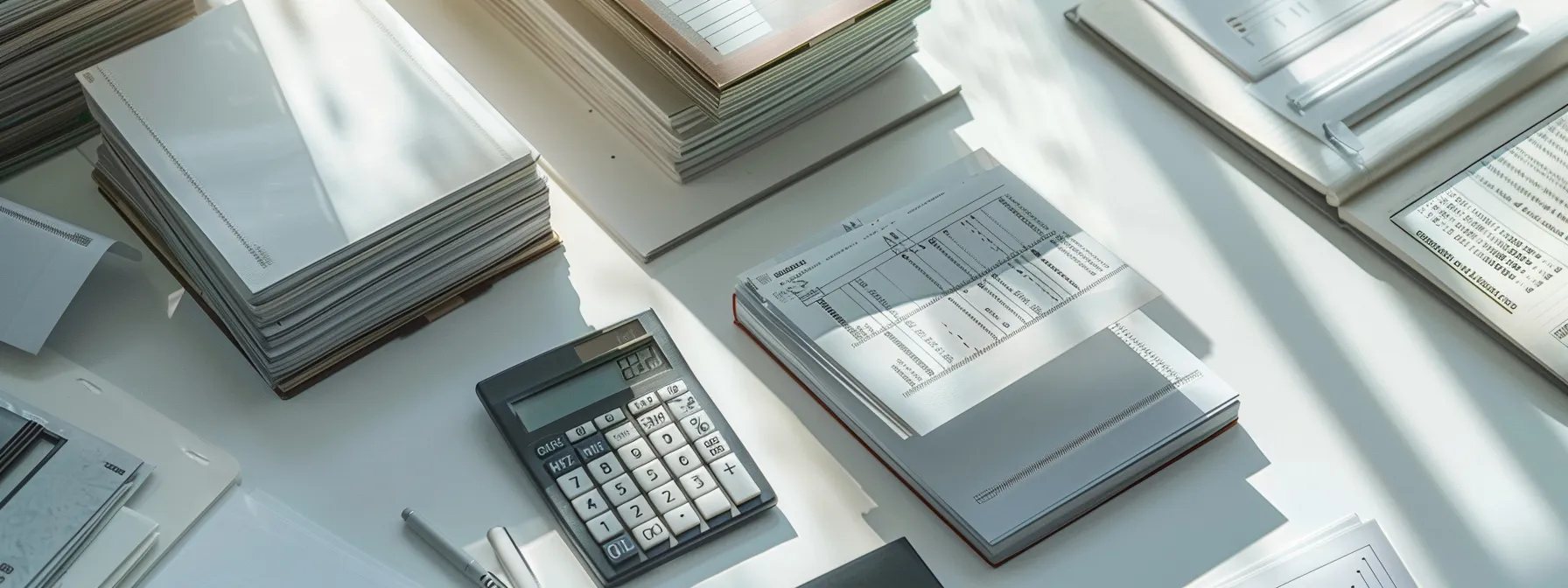 a sharply focused overhead shot of diverse stacks of custom business and personal cheques on a crisp white surface, highlighting the contrasting colors and designs, with a sleek calculator and notepad in soft natural light, symbolizing the analytical process of vendor pricing evaluation.