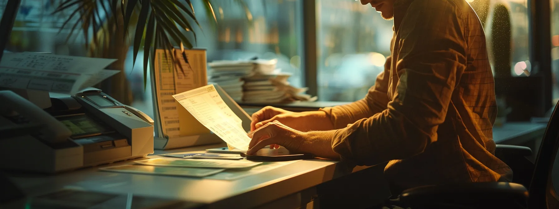 a sleek and modern office environment showcases a focused business professional reviewing high-quality printed cheques amidst vibrant natural light, embodying the theme of informed financial decision-making.