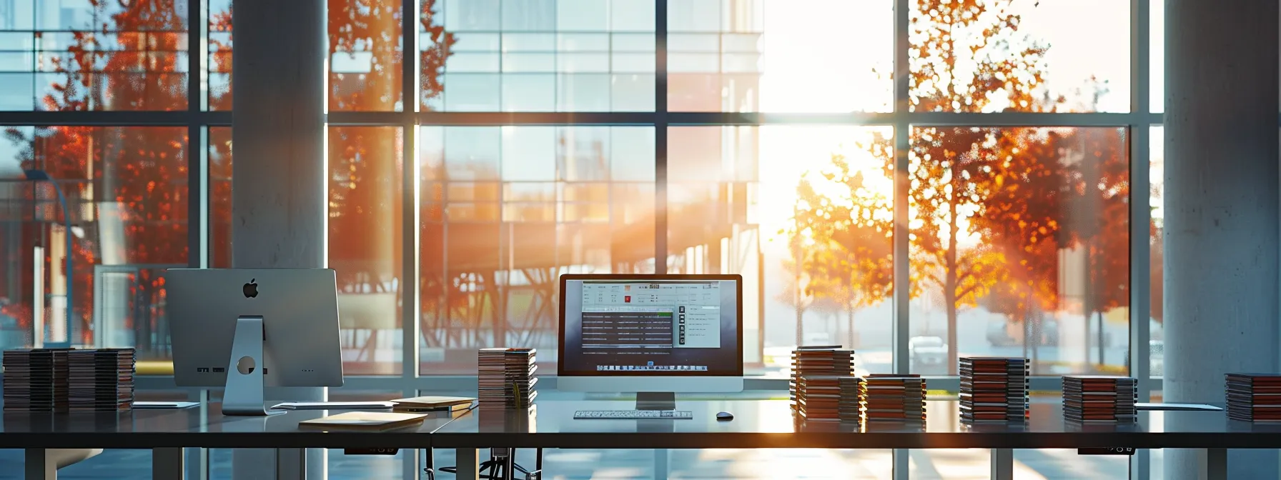 a sleek and organized office workspace, illuminated by natural light streaming through large windows, showcases a modern computer setup displaying a vibrant digital interface for cheque printing, with a neatly stacked pile of professionally printed cheques in the foreground, emphasizing efficiency and professionalism in financial transactions.
