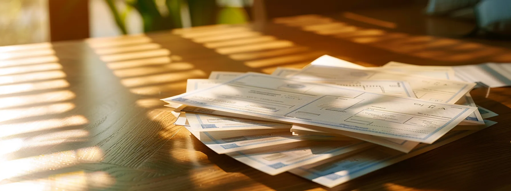a sleek arrangement of elegantly designed business cheques, showcasing vibrant customizations and security features, illuminated under soft, natural light on a polished wooden table, symbolizing professionalism and trust in cheque printing services.