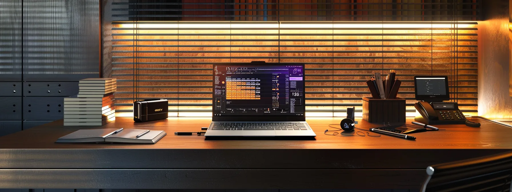 a sleek desk adorned with neatly stacked business and personal cheques, illuminated by warm ambient lighting, showcases a modern laptop displaying a dynamic order tracking interface, symbolizing efficiency and financial awareness.