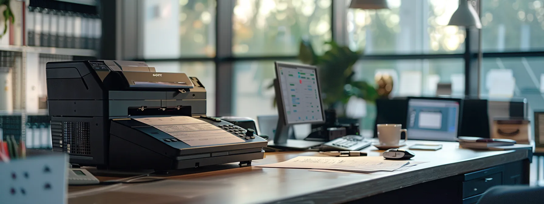 a sleek, modern cheque printing machine stands prominently in a well-lit office environment, surrounded by visually captivating custom cheques showcasing unique watermarks and vibrant designs, symbolizing advanced security features and personalized business solutions.