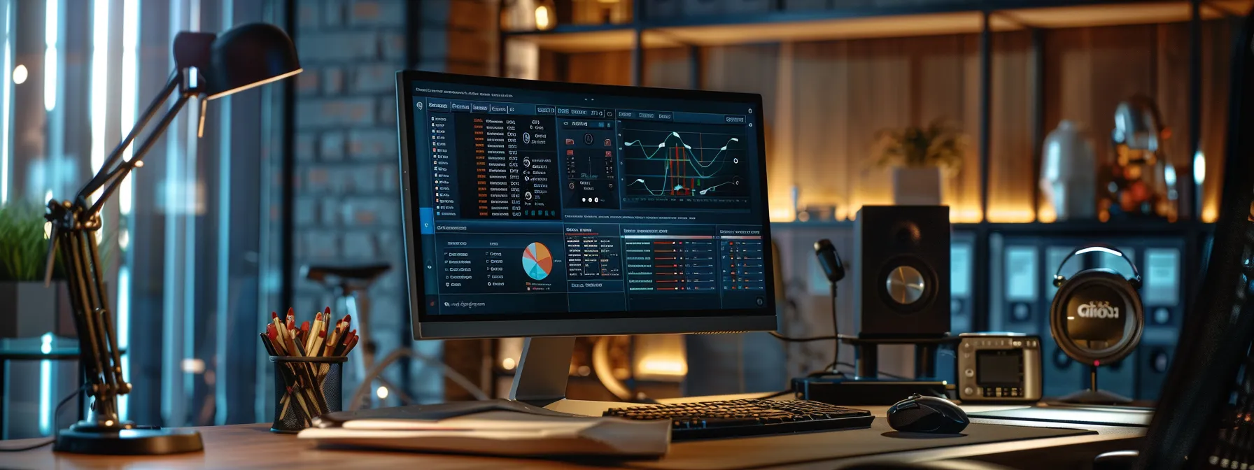 a sleek, modern computer screen displays a vibrant tracking dashboard, highlighting the seamless navigation and clarity in managing business and personal cheque orders against a backdrop of an organized office workspace.