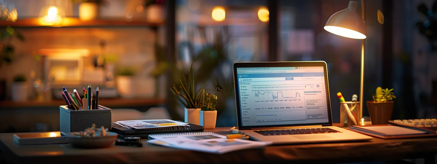 a sleek, modern desk setup featuring a glowing laptop screen displaying an online payment interface, alongside a neatly stacked array of colorful business and personal cheques, all illuminated by warm, soft lighting to evoke a sense of secure financial transactions.