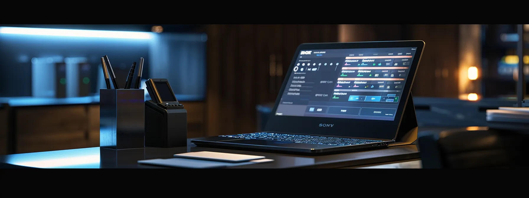 a sleek, modern office desk showcases a secure online cheque ordering interface on a laptop screen, illuminated by soft, ambient lighting, symbolizing efficiency and safety in financial management.