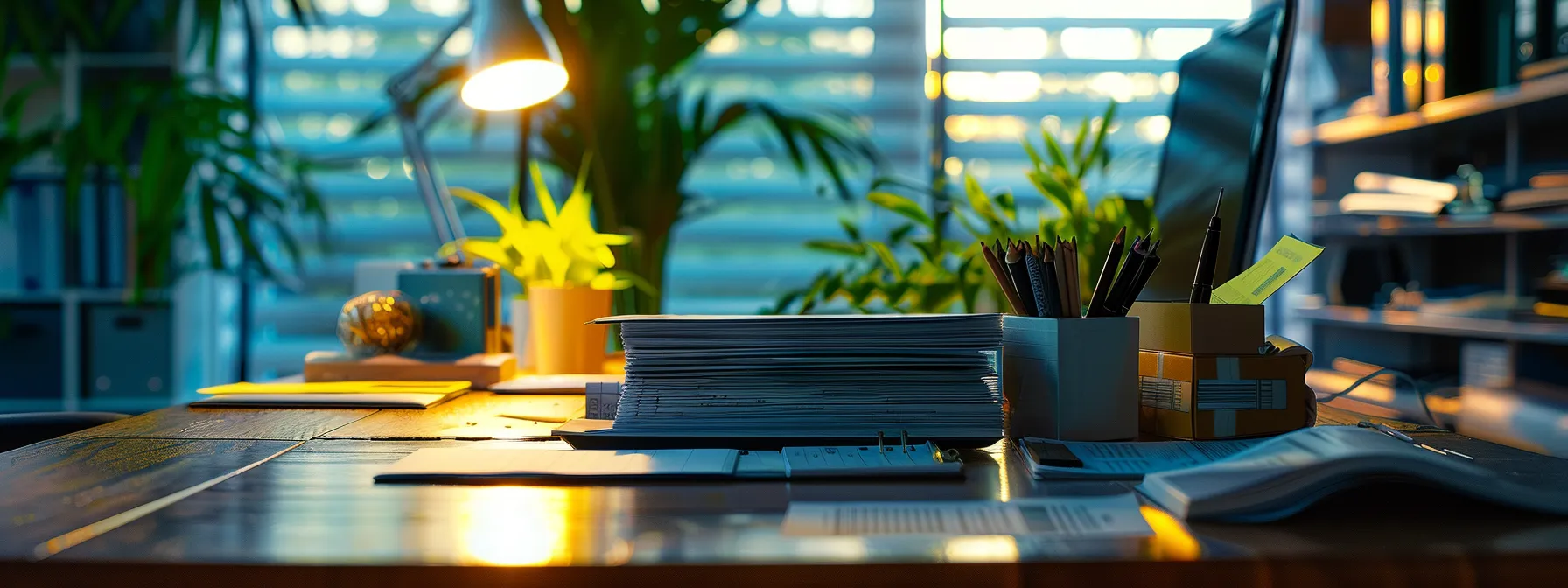 a sleek, modern office desk is illuminated by natural light, showcasing an organized array of vibrant business cheques, deposit slips, and quickbooks tools, symbolizing the efficiency of online cheque ordering for business success.