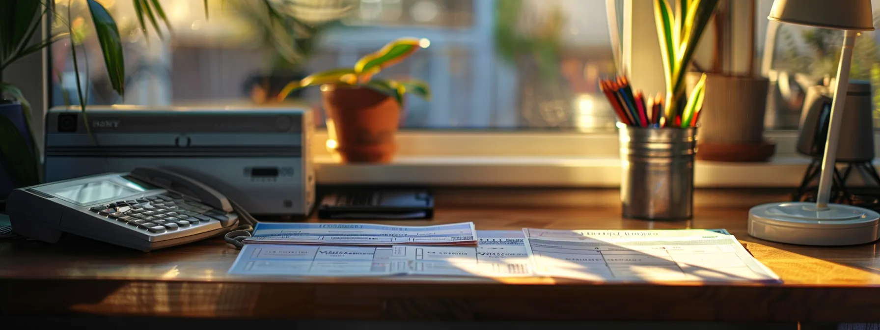 a sleek, modern office desk is portrayed, showcasing an organized arrangement of vibrant business and personal cheques ready for online tracking, bathed in soft, natural light that emphasizes the clarity and ease of the cheque management process.