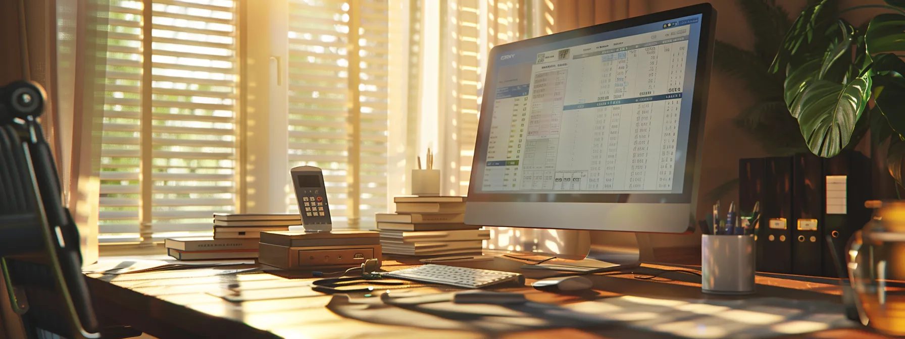 a sleek, modern office desk bathed in warm, natural light showcases a computer screen displaying various online cheque printing solutions alongside organized stacks of professional business cheques, symbolizing convenience and informed decision-making.