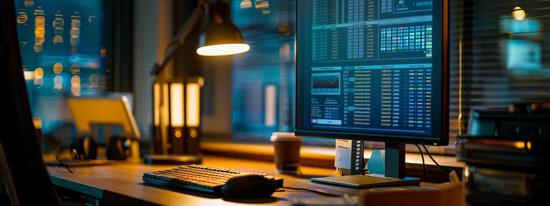 a sleek, modern office desk is illuminated by soft natural light, showcasing a vibrant computer screen displaying a secure online cheque ordering platform, symbolizing the ease and security of managing financial transactions from anywhere.
