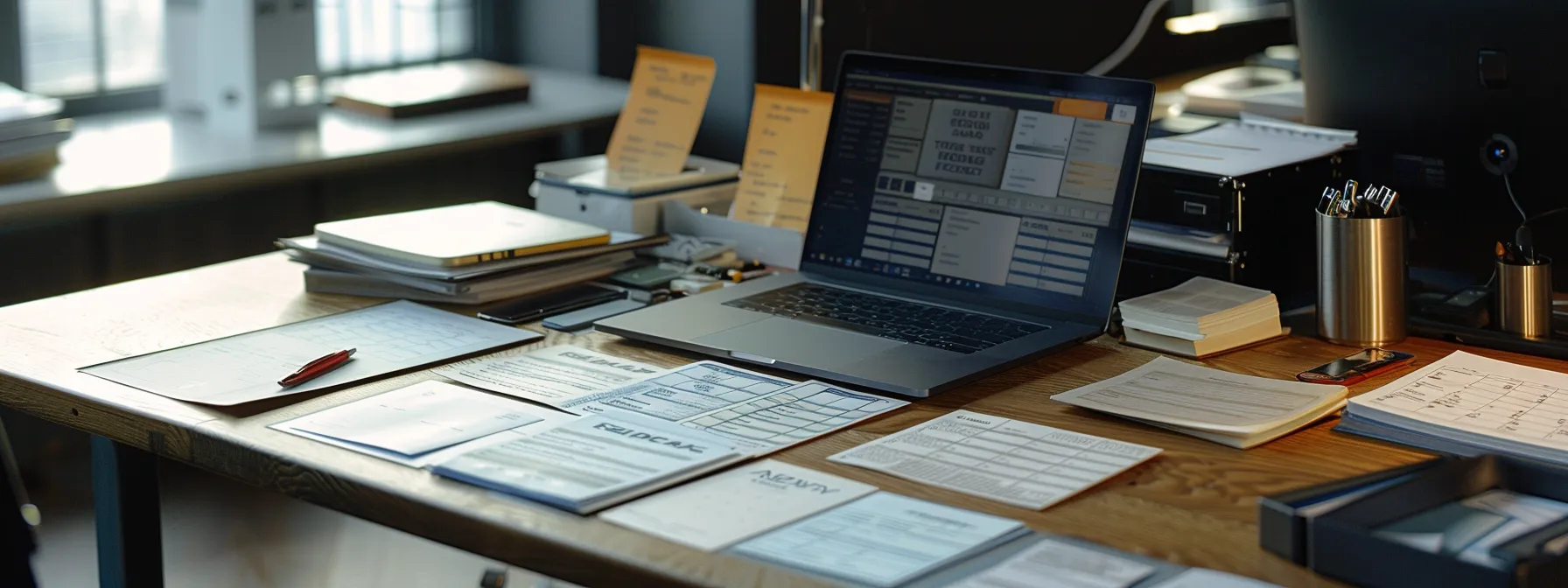 a sleek, modern office desk features a close-up of a meticulously organized selection of various cheque styles, with a laptop open to customer testimonials, highlighting the importance of vendor reputation and support in a professional environment.