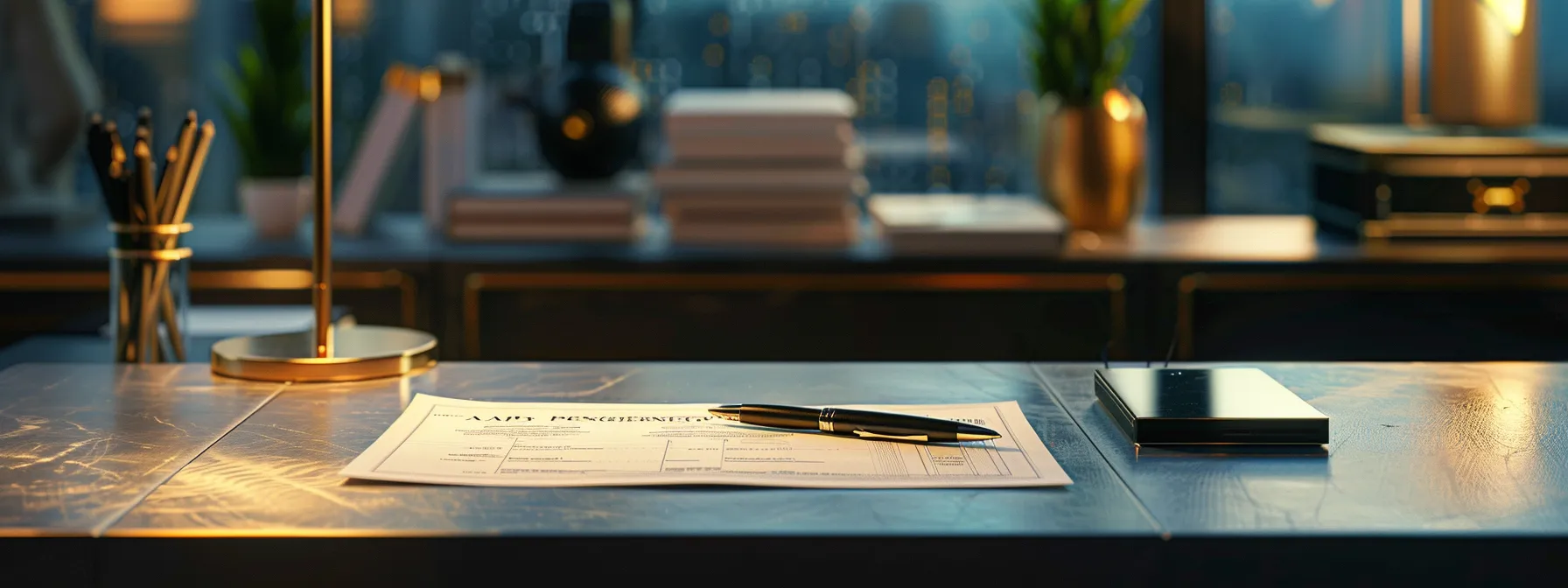 a sleek, modern office desk showcases a beautifully designed business cheque prominently displayed alongside a stylish pen, with warm, soft lighting creating an inviting atmosphere that emphasizes professionalism and security.