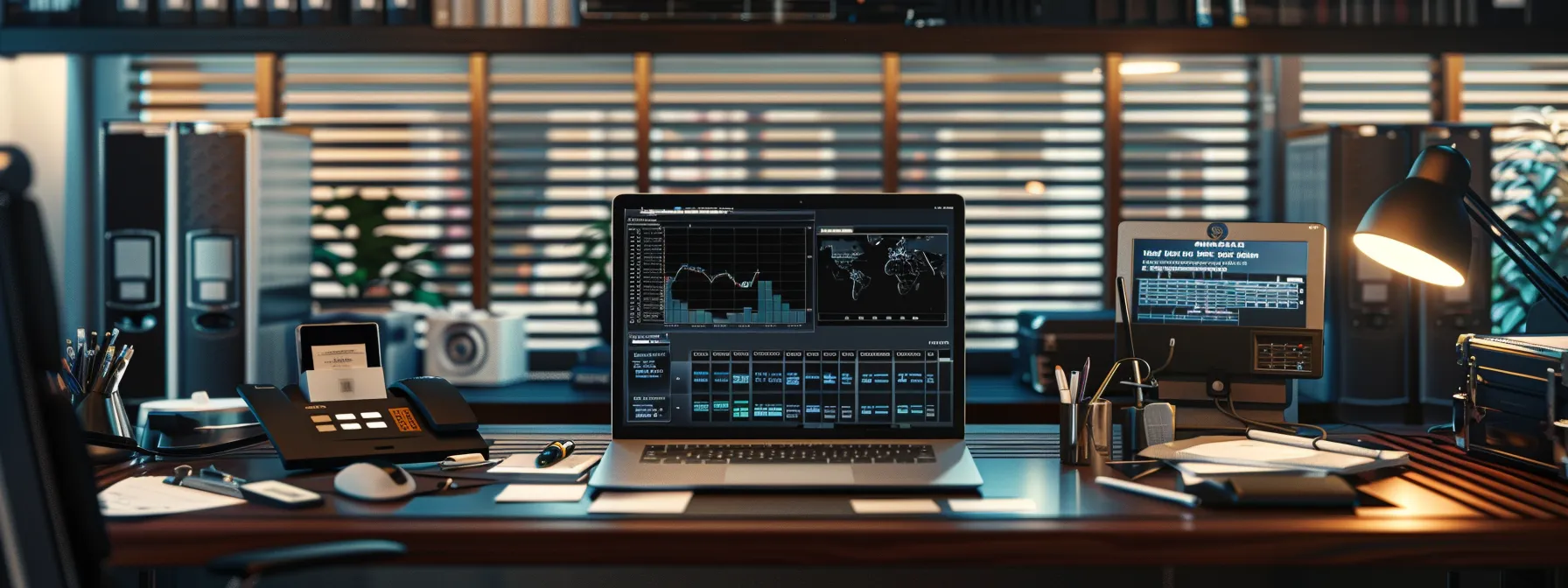 a sleek, modern office desk features an organized array of business cheques and a laptop displaying a real-time order tracking interface, bathed in soft, natural light that emphasizes the importance of timely financial transactions.