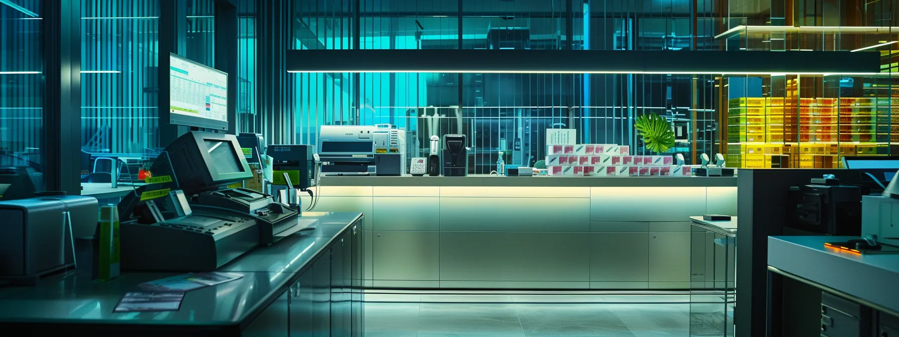 a sleek, modern office environment features a high-tech cheque printing machine, with vibrant, freshly printed business cheques cascading out, illuminated by soft, focused lighting to emphasize the efficiency of the express delivery process.