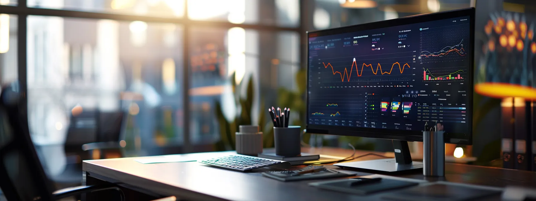 a sleek, modern office environment showcases a digital dashboard displaying vibrant graphs and charts illustrating successful cheque inventory management strategies, with business and personal cheques neatly organized in the foreground under warm, focused lighting.