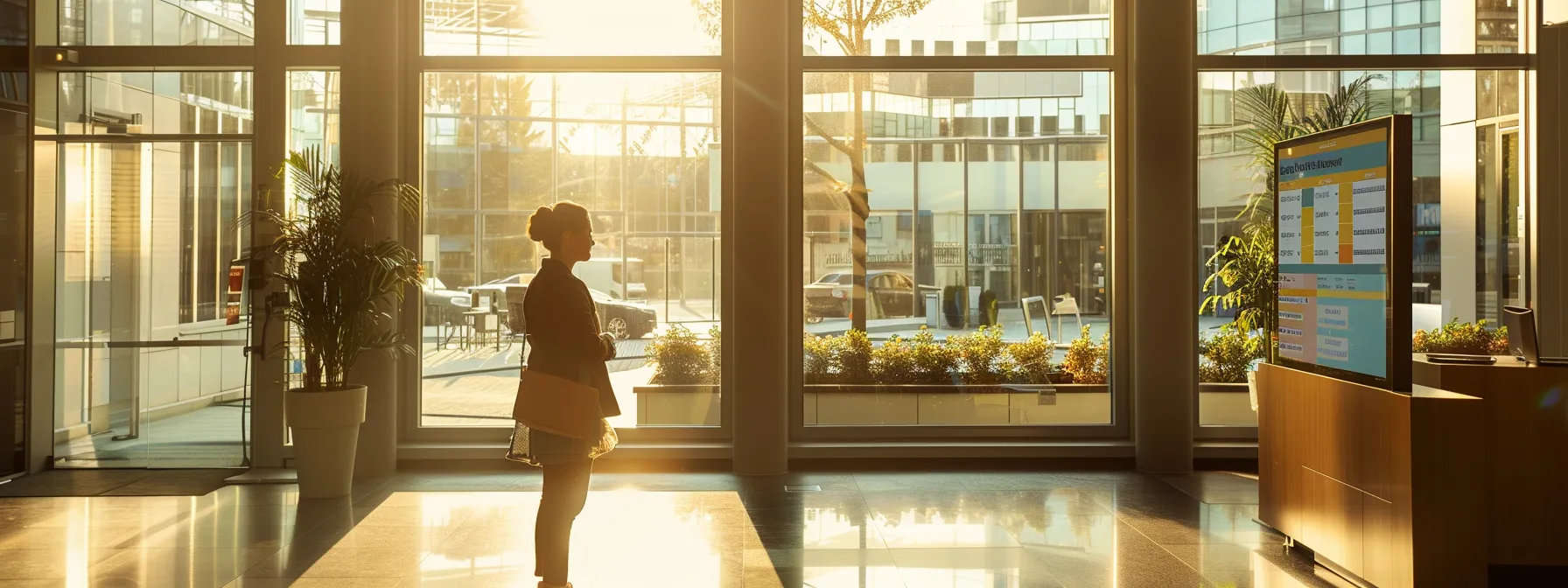 a sleek, modern office environment showcases a confident business professional interacting with a digital screen displaying vibrant graphs and testimonials about efficient online cheque ordering, illuminated by soft natural light streaming through large windows.